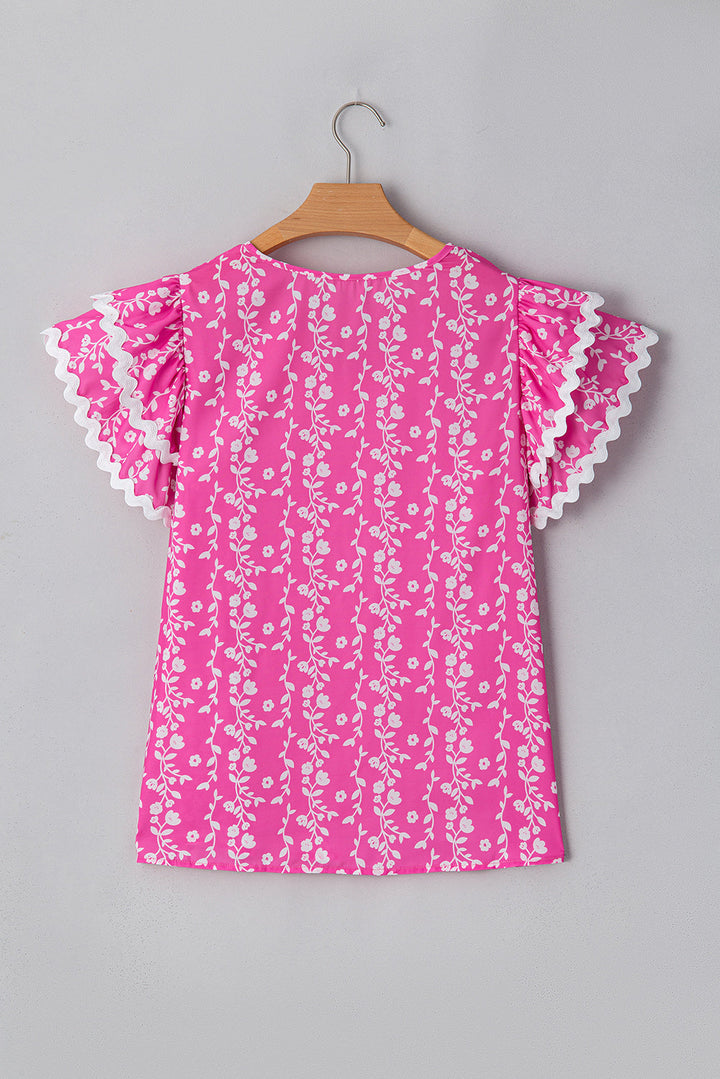 Floral Print Ric-rac Tiered Ruffled V Neck Blouse