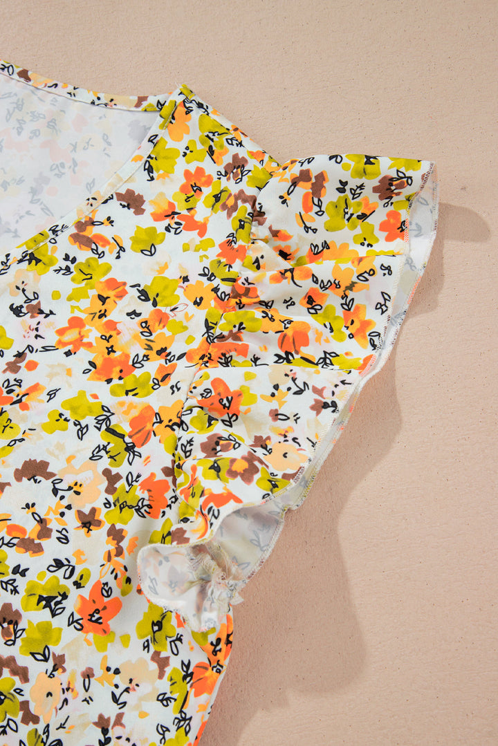 Floral Print Ruffled Sleeveless V Neck Tank Top