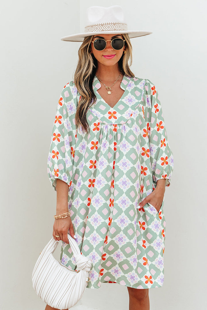 geometric floral print 3 4 sleeve notched neck mini dress