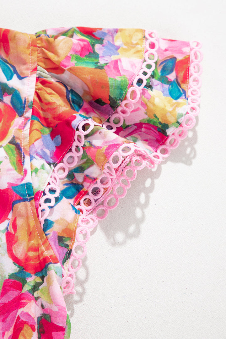 Lace Trim Ruffle Short Sleeve Floral Blouse