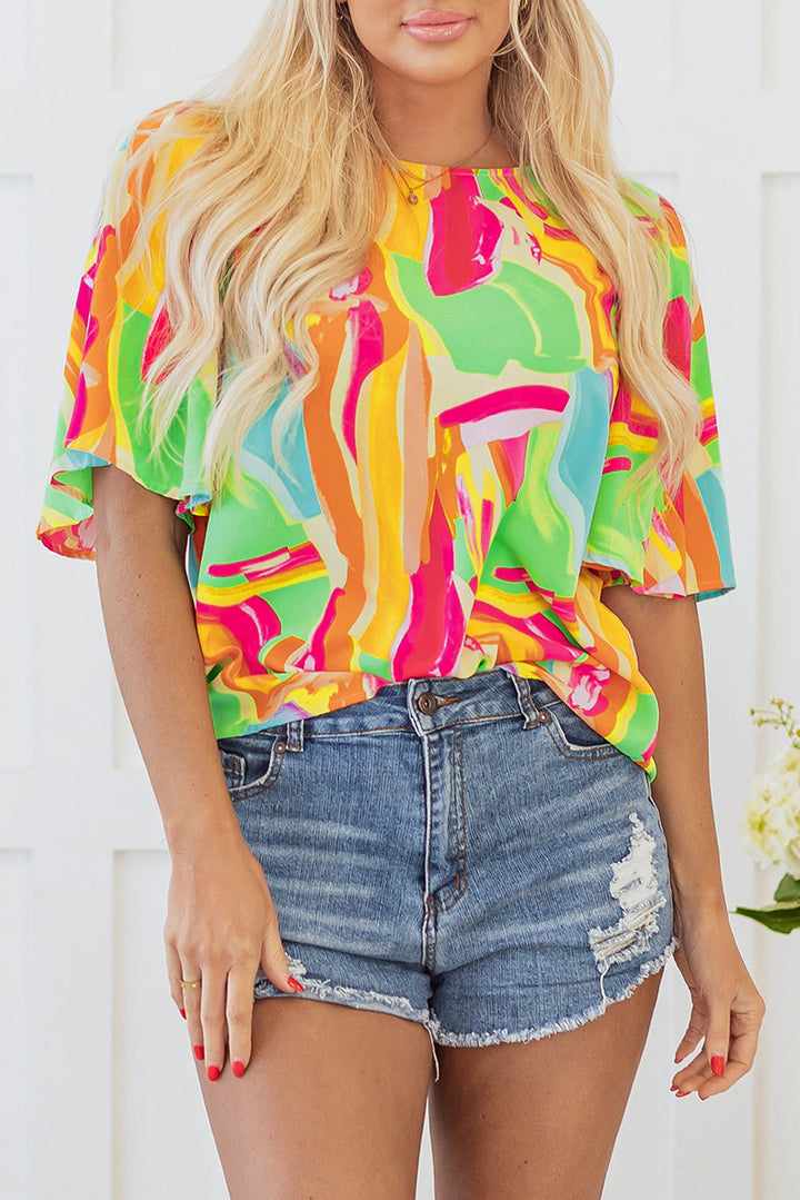 Abstract Print Keyhole Back Pleated Half Sleeve Blouse
