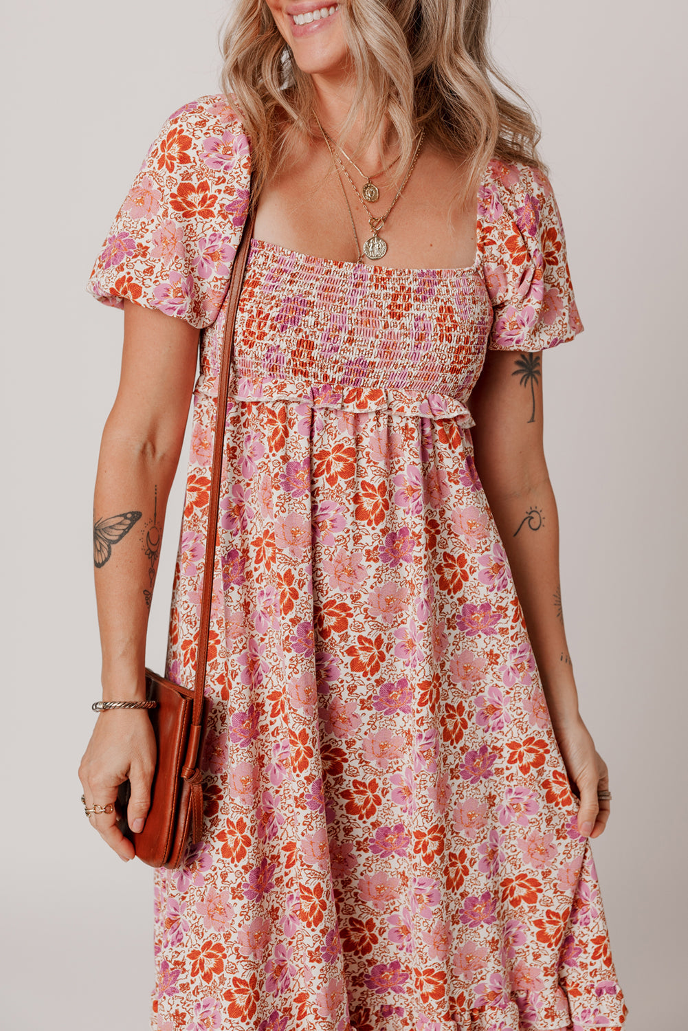 Floral Square Neck Knotted Ruffle Midi Dress
