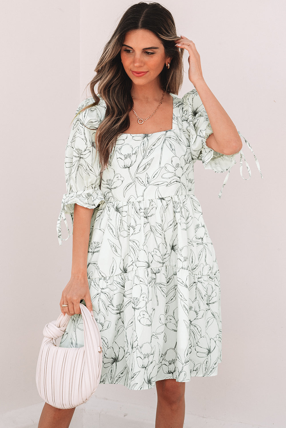 Floral Print Square Neck Shirred Back Puff Sleeve Mini Dress
