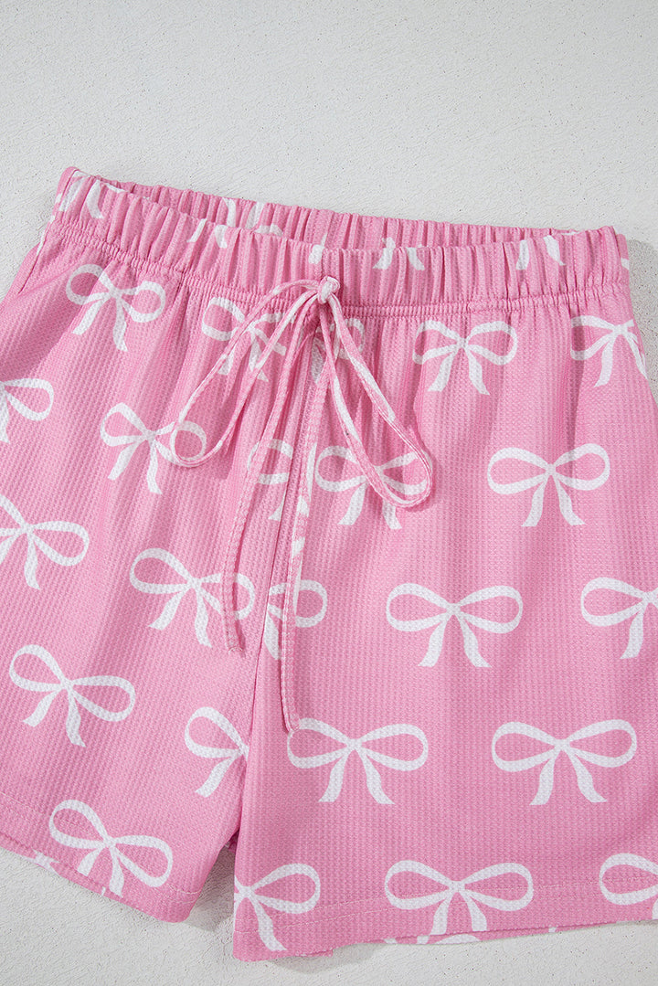 waffle knit bowknot printed v neck t shirt and shorts set