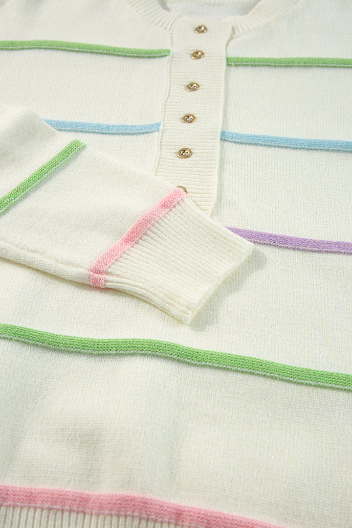 Rainbow Stripes Drop Shoulder Baggy Henley Sweater