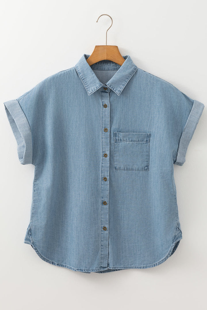 Folded Short Sleeve Patched Pocket Denim Shirt
