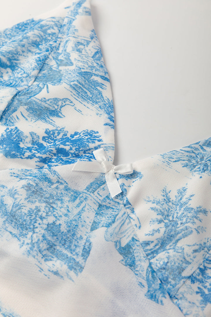 random printed mesh bow detail halterneck tank top