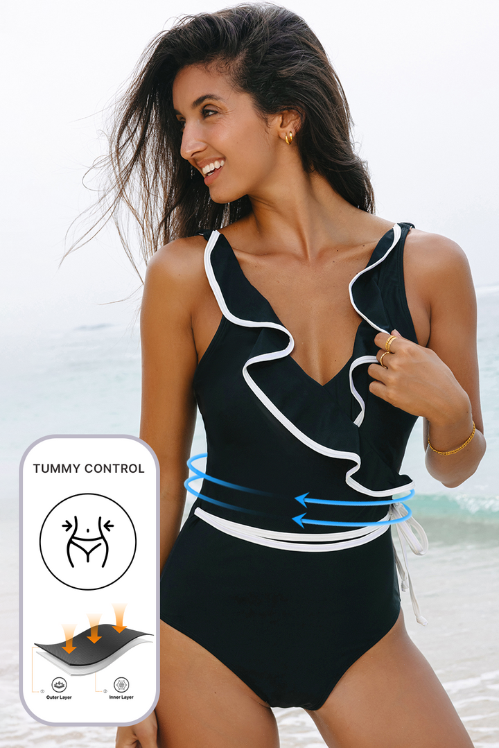 color contrast ruffled wrap v neck swimsuit