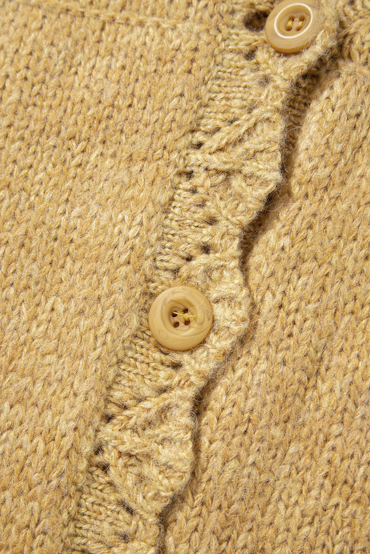 Lantern Sleeve Scallop V Neck Buttoned Front Cardigan