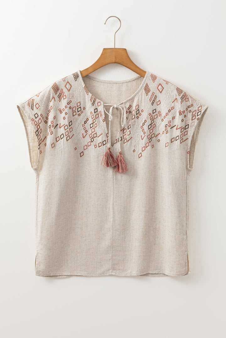 Geometric Embroidered Short Sleeve Tassel Tied V Neck Blouse