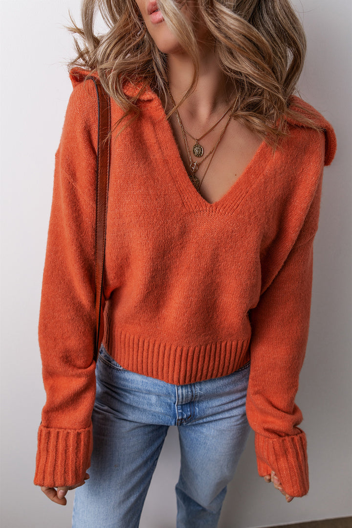 Collared V Neck Ribbed Edge Sexy Elegant Sweater