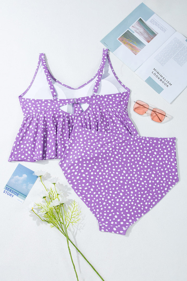 Plus Size Polka Dot Print Ruffled Knotted V Neck Tankini Set