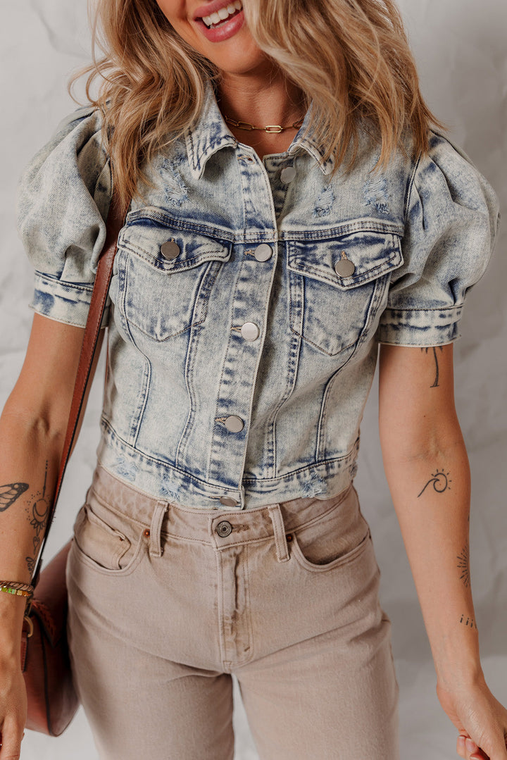 light wash buttoned chest pocket puff sleeve denim jacket