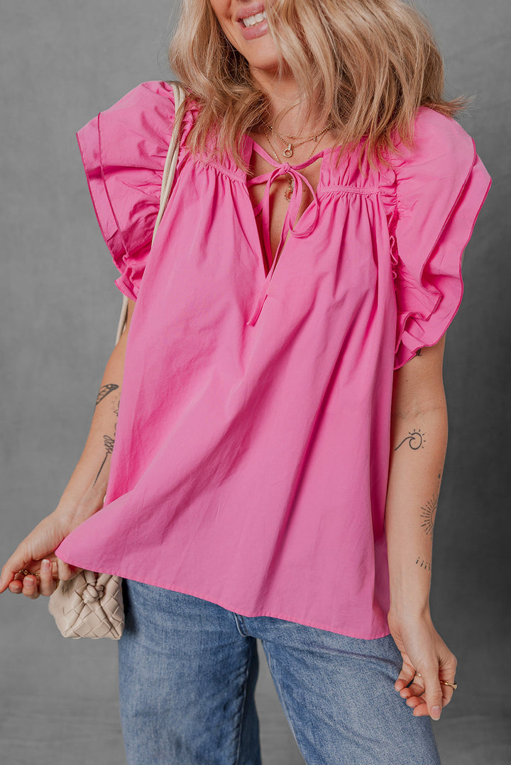 Shirred Yoke Lace up V Neck Ruffled Sleeve Blouse