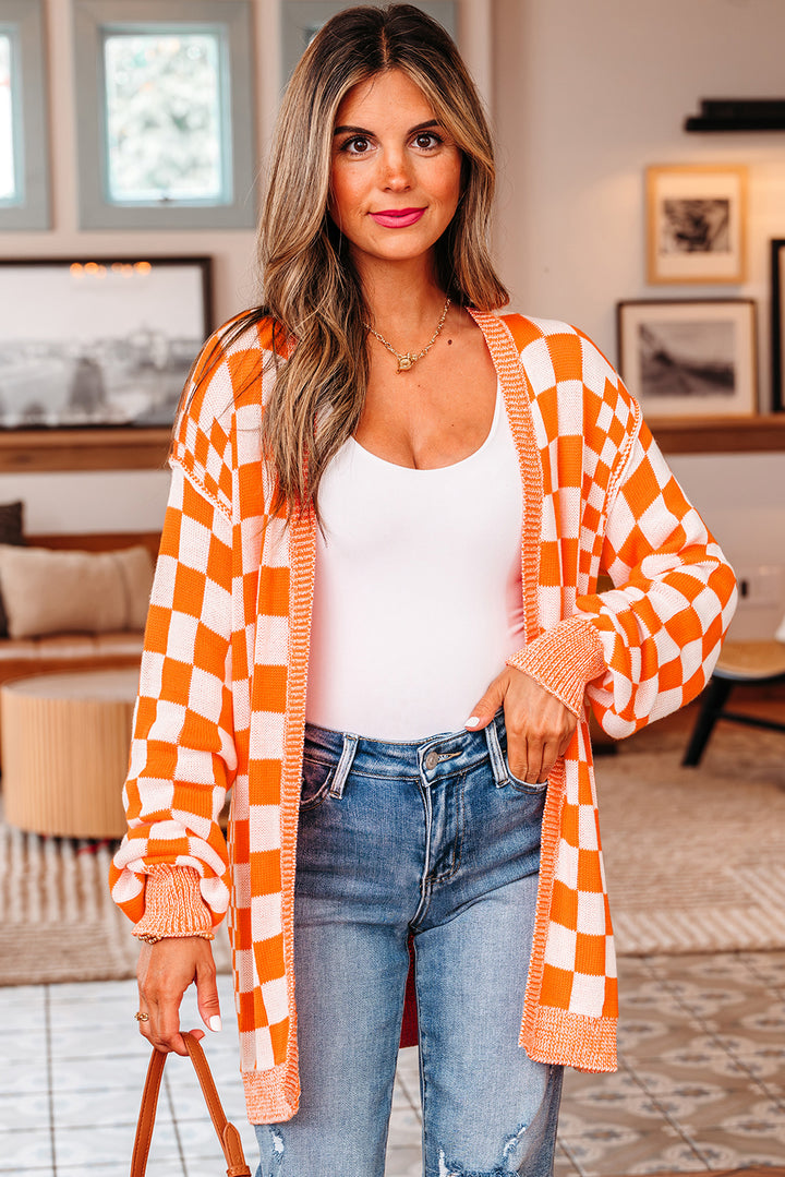 Checkered Open Front Drop Shoulder Cardigan