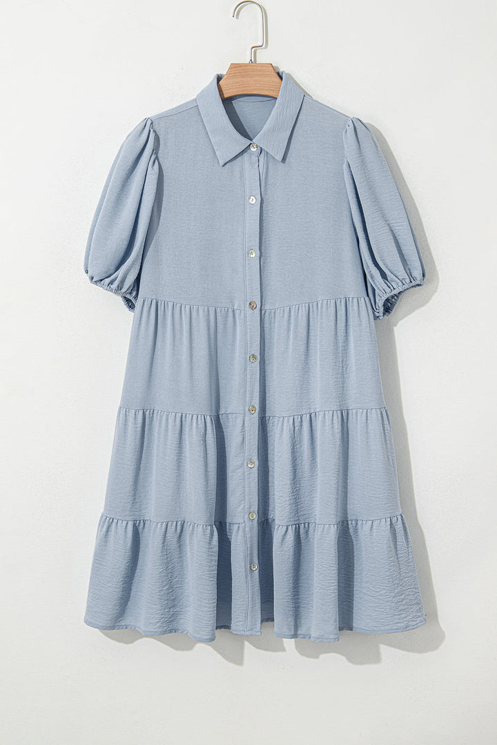 shirt collar button up short puff sleeve tiered shift dress