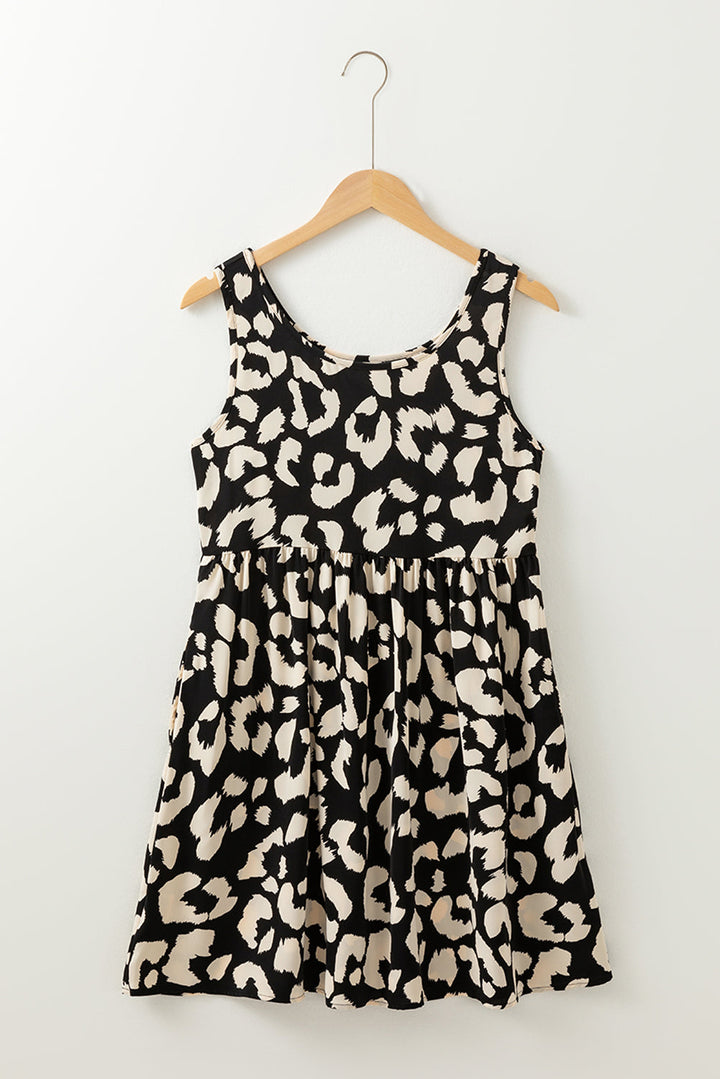 leopard print u neck sleeveless high waist dress