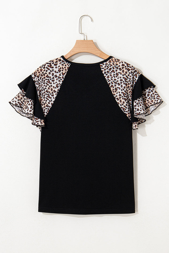 leopard print patchwork ruffled sleeve v neck t shirt