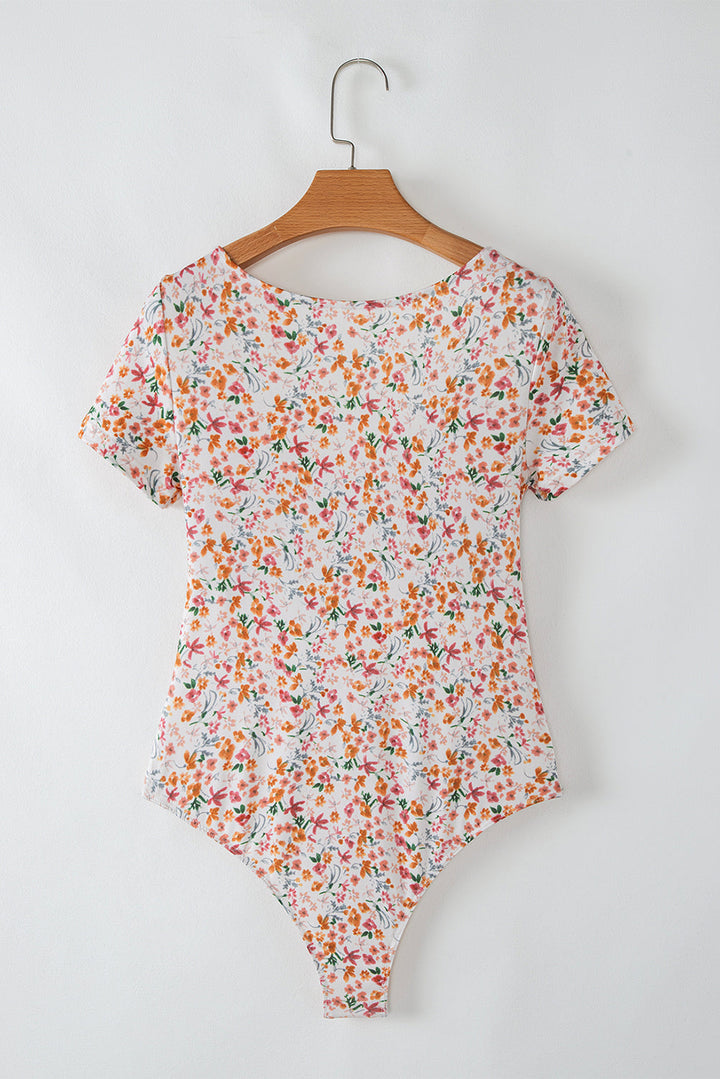 Short Sleeve Floral Ruched Sweetheart Bodysuit