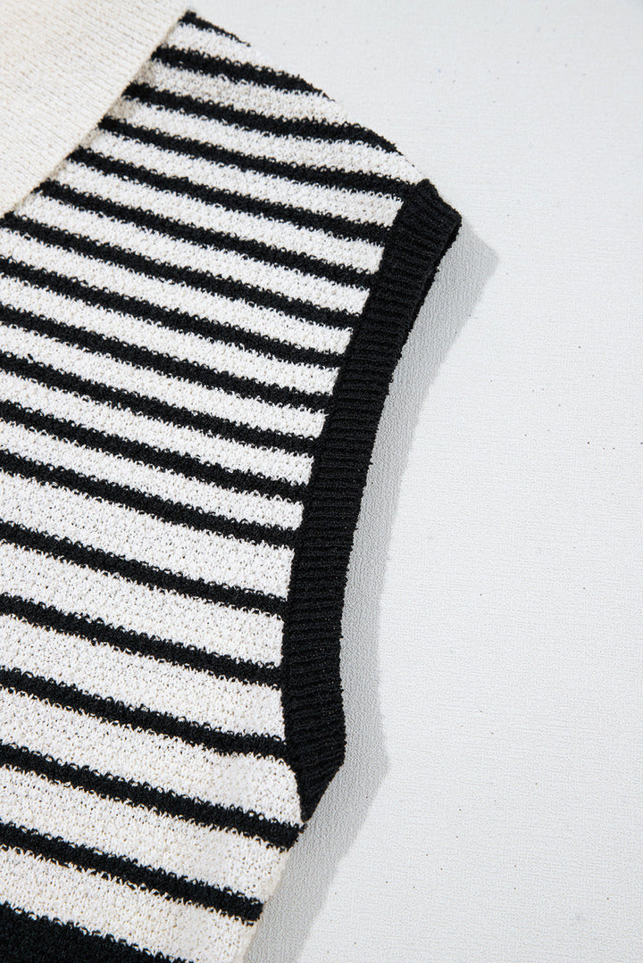 Mixed Striped Print Half Placket Collared Cap Sleeve Bodycon Sweater Dress