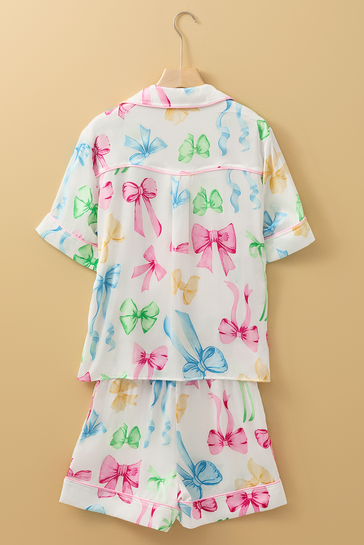 bowknot print buttoned shirt high waist shorts pajama set