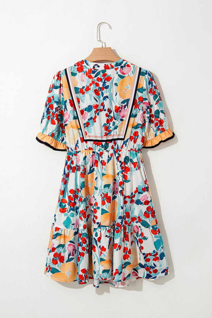 floral print zipper ruffled short sleeve high waist mini dress