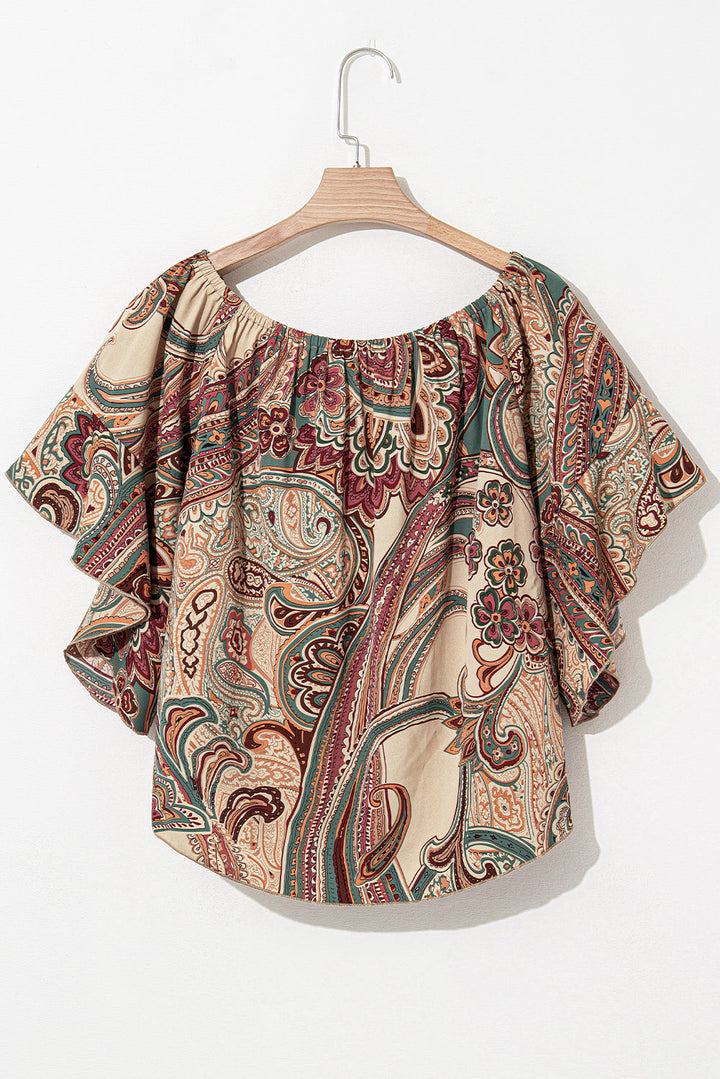 Paisley Printed Shirred Off Shoulder Ruffled Draped Sleeve Blouse