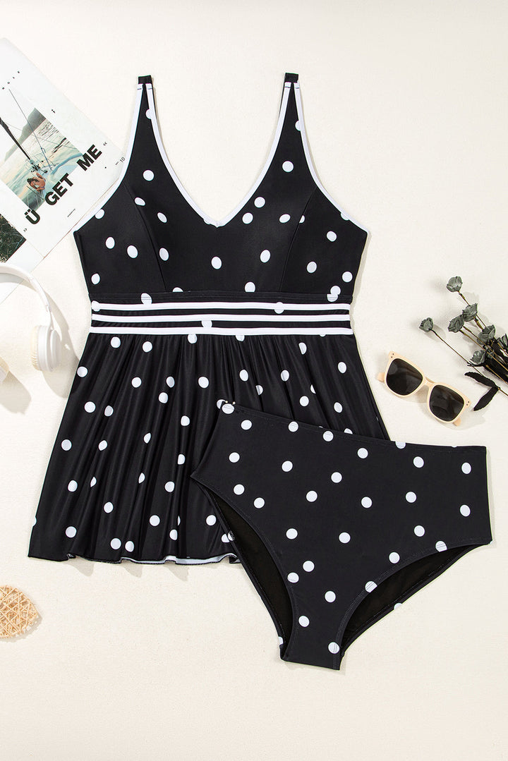 Polka Dot Trim V Neck Plus Size Swim Dress