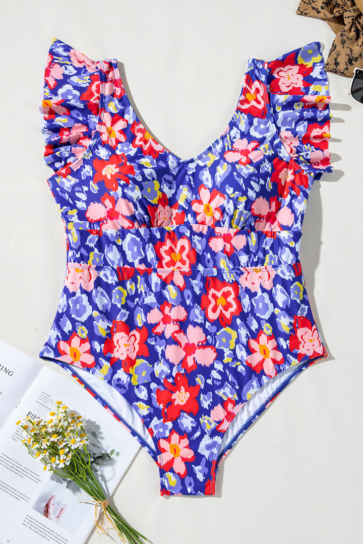Floral Print Ruffled V Neck High Waist One Piece Swimwear
