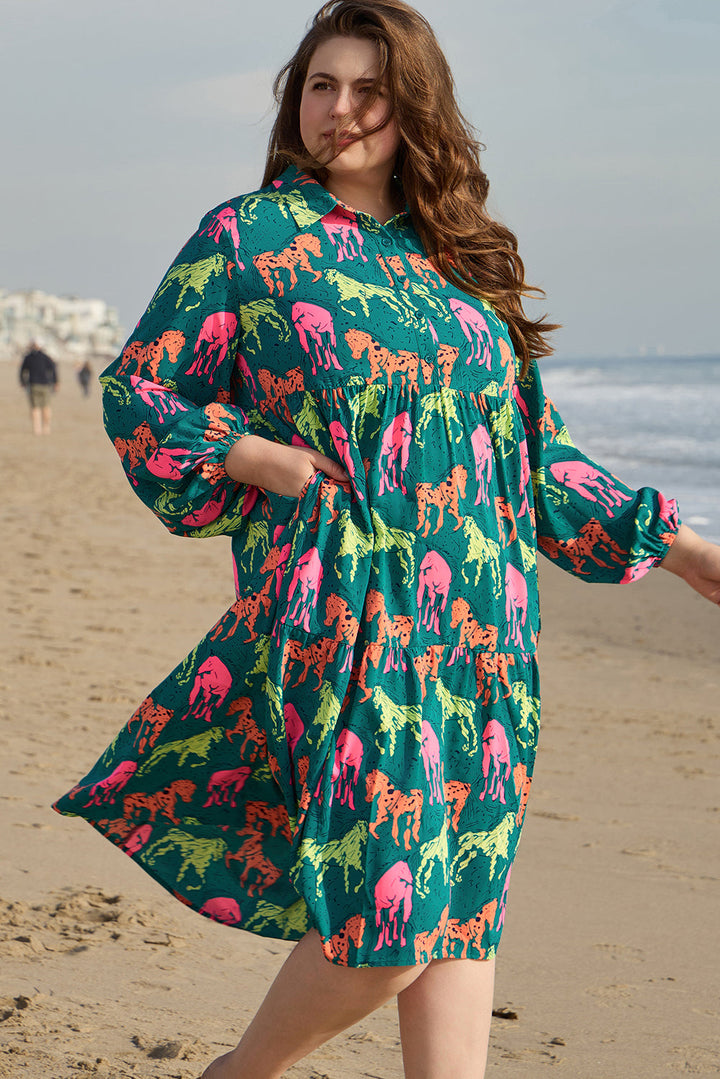 Horse Printed Long Sleeve Collared Buttoned Plus Size Midi Dress