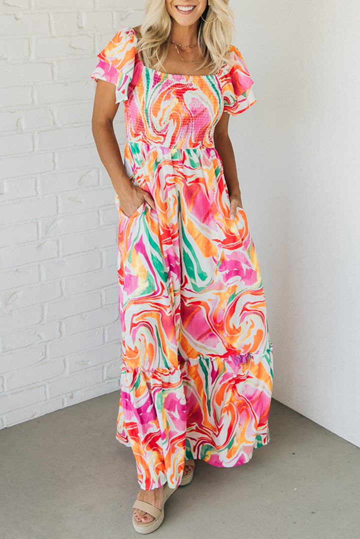 Abstract Print Ruffled Sleeve Smocked Bust Maxi Dress