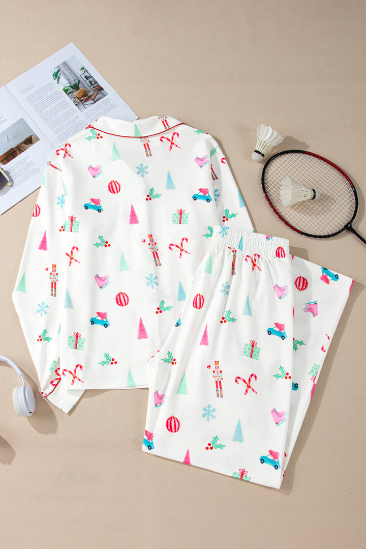 christmas print lapel shirt and pants sleepwear