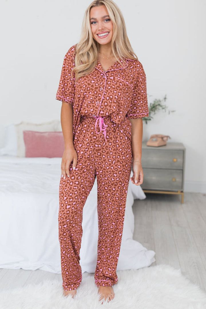 leopard print short sleeve shirt and pants pajamas set
