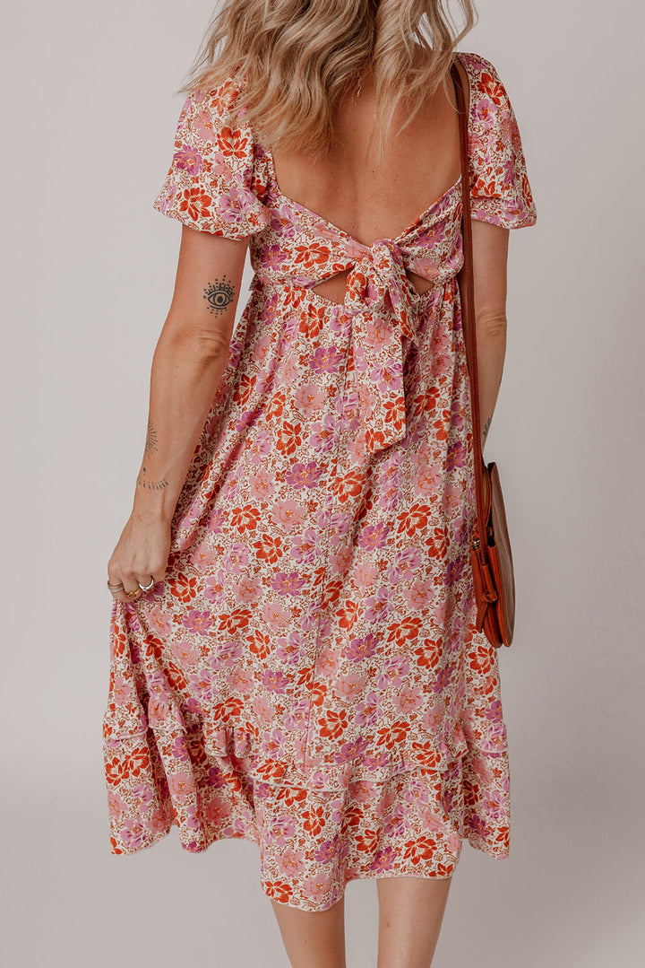 Floral Square Neck Knotted Ruffle Midi Dress