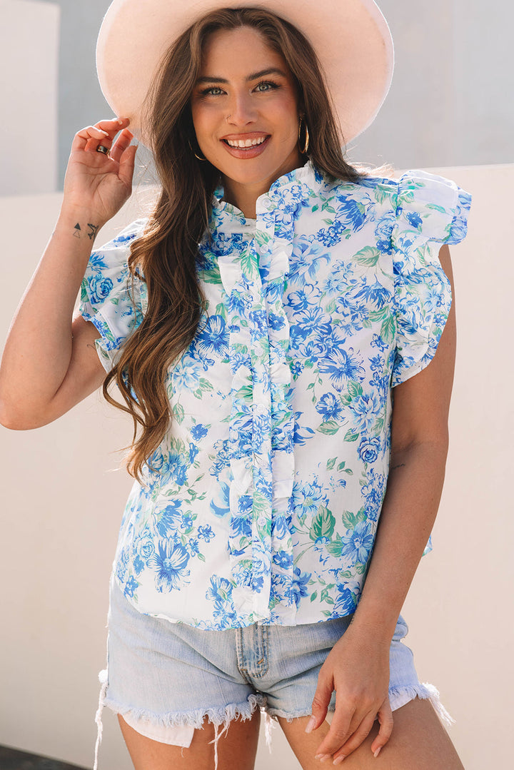 Floral Print Ruffle Sleeve Frilly Button Up Shirt