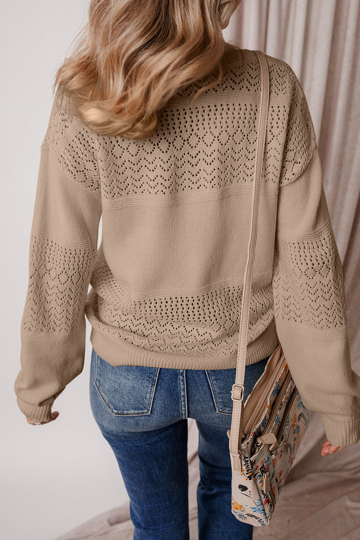 eyelet pattern detail v neck drop shoulder sweater 2