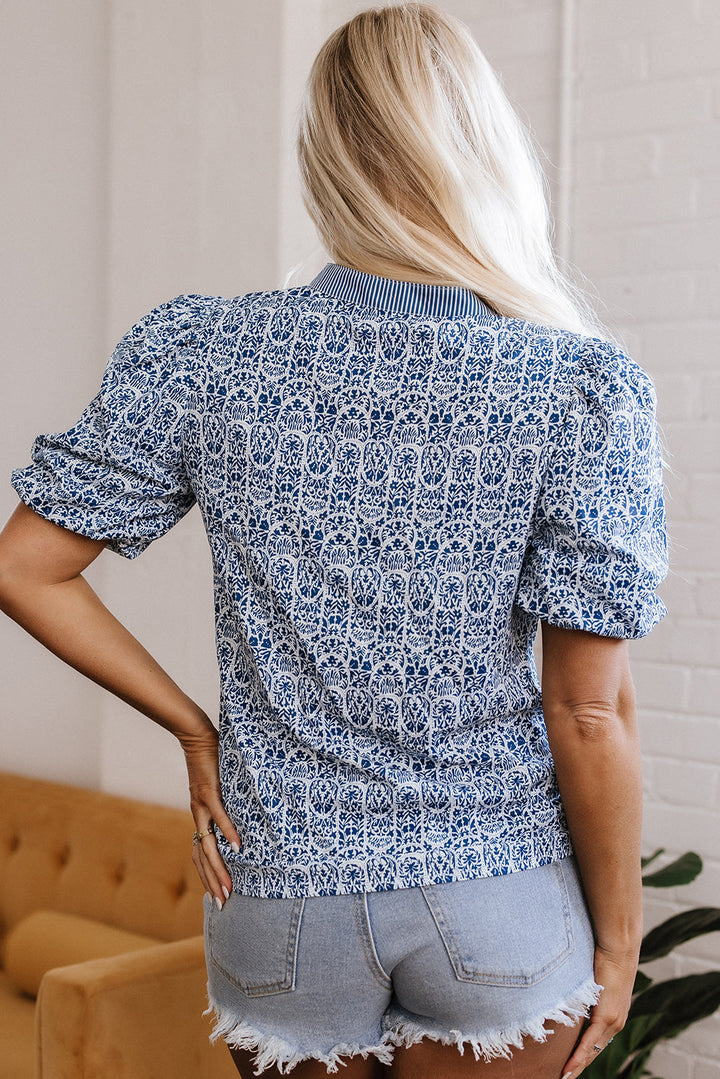 floral striped print contrast ric rac puff sleeve top