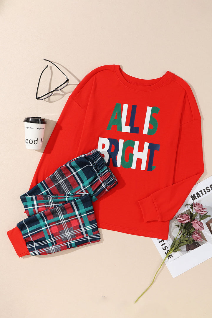 all is bright graphic christmas plaid pajamas set