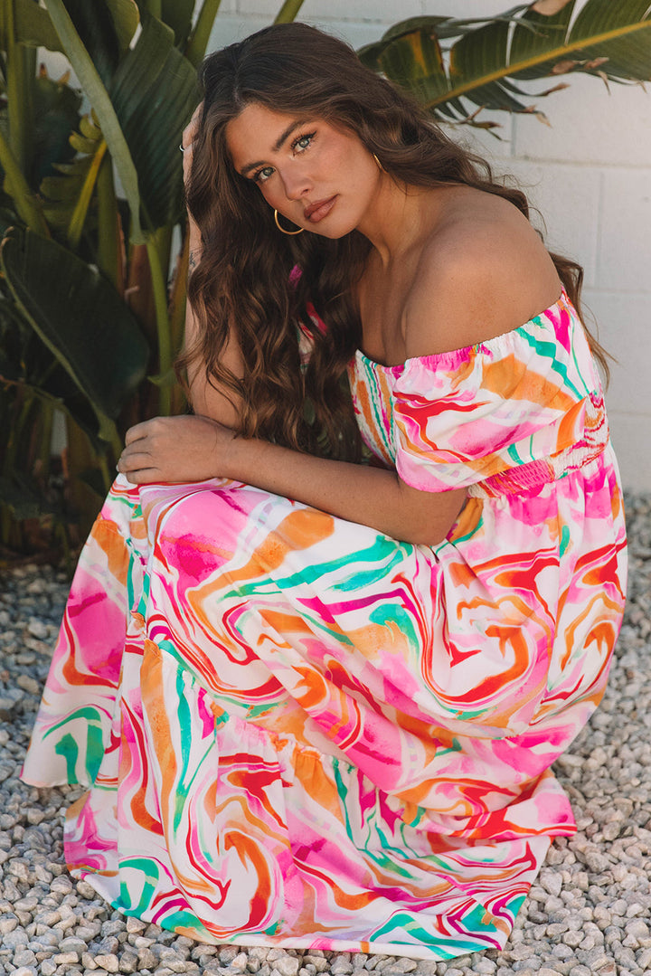 Abstract Print Ruffled Sleeve Smocked Bust Maxi Dress