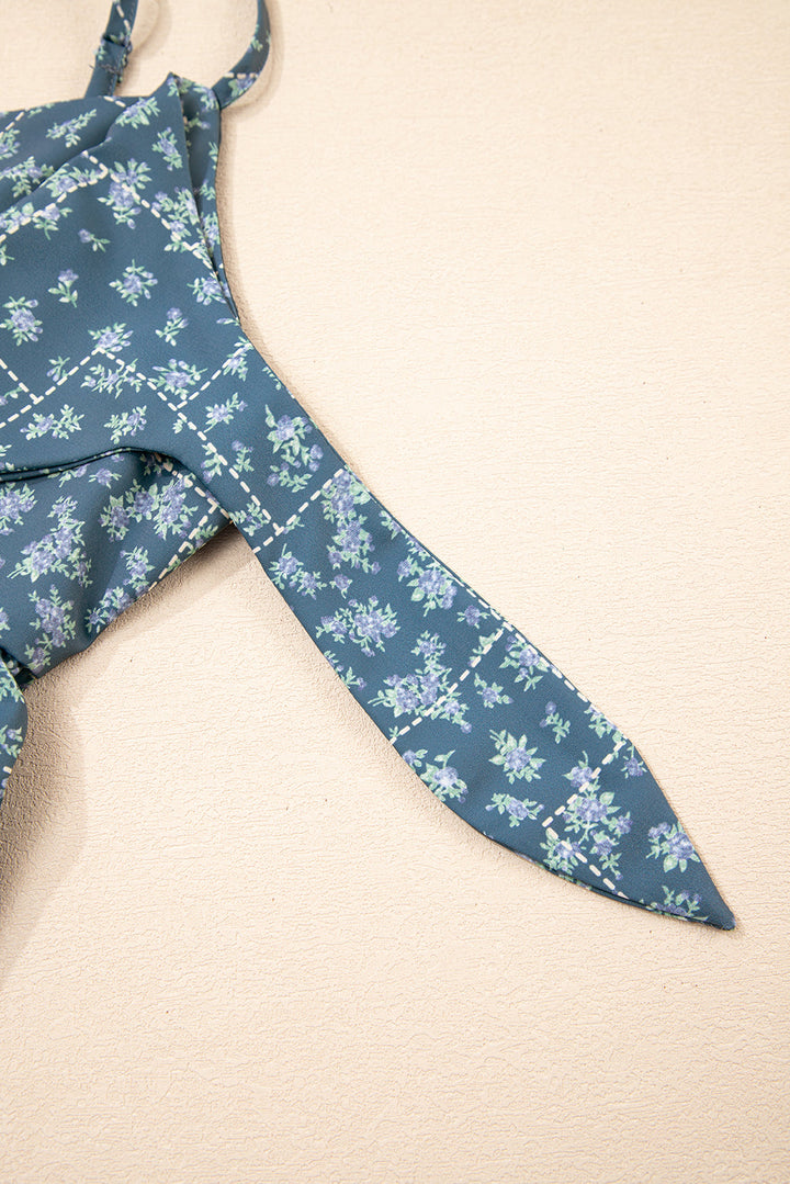 spaghetti straps floral print knot detail high waist flared dress