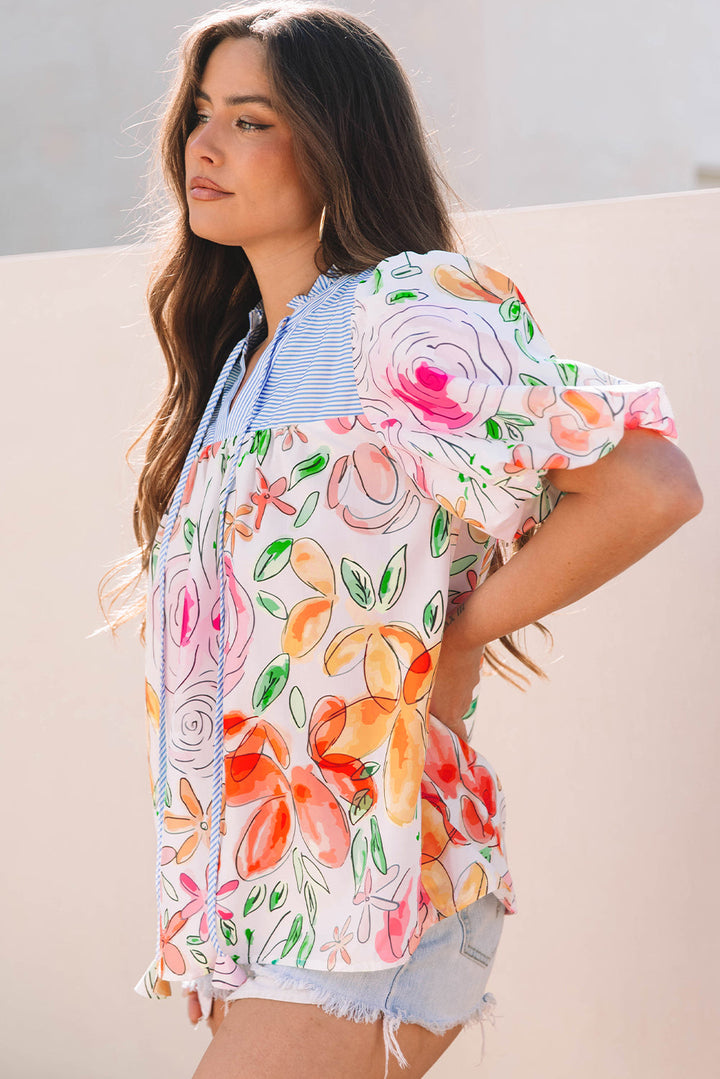 DEARLOVER  Floral Print Striped Yoke Frilled V Neck Puff Short Sleeve Blouse