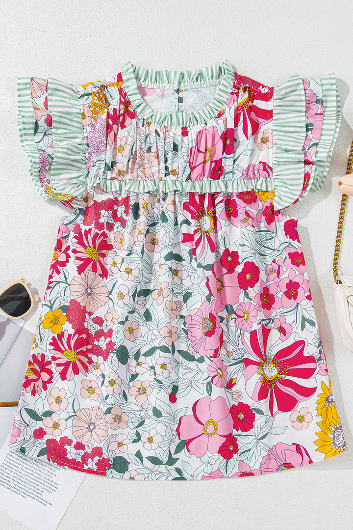 Floral Print Contrast Ruffle Trim Short Sleeve Blouse