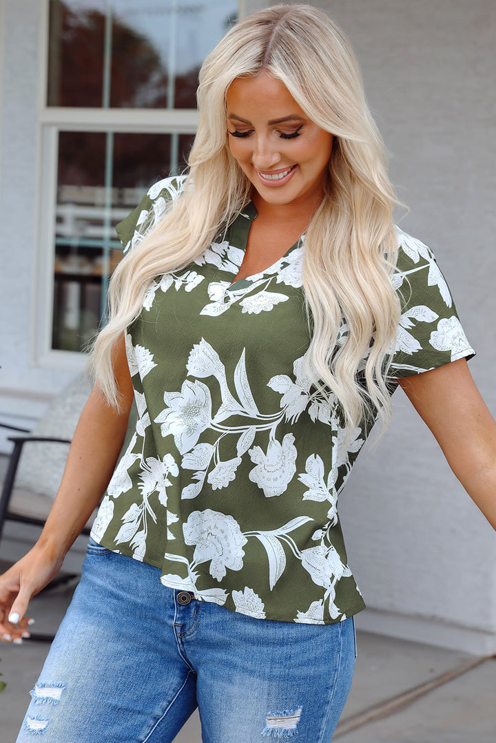 Floral Print Split Neck Short Sleeve Blouse