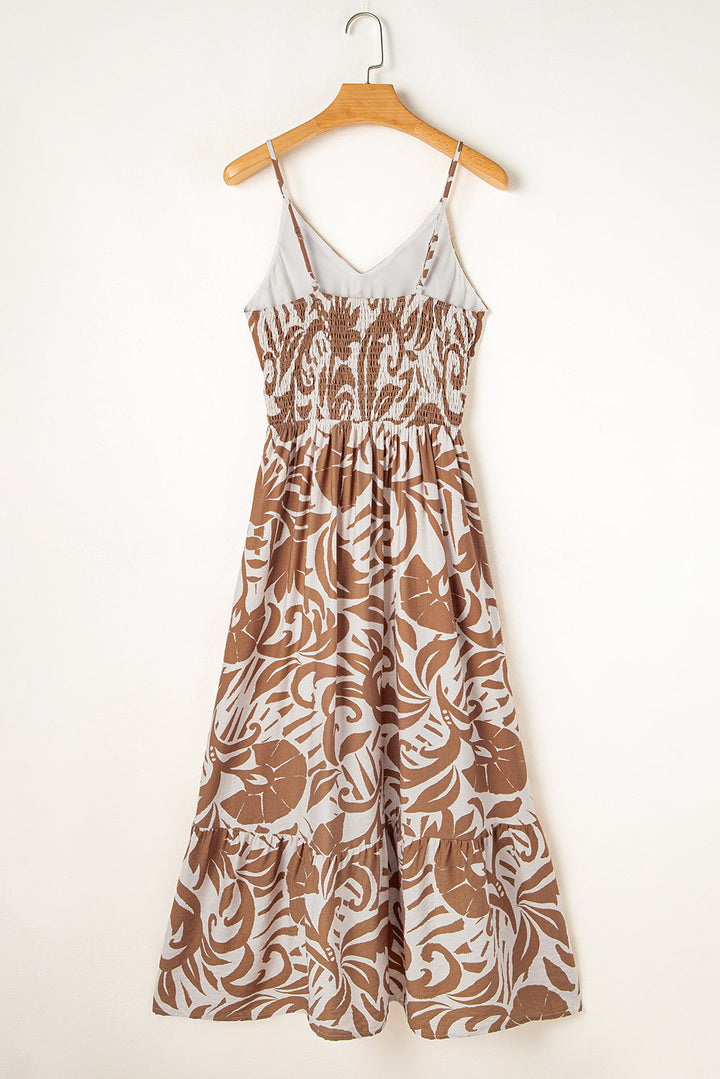 Floral Shirred High Waist Spaghetti Straps Maxi Dress