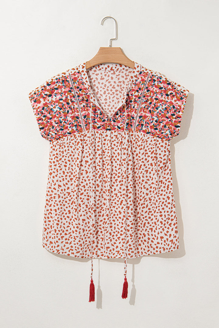 Printed Embroidery Detail Tie Split Neck Blouse