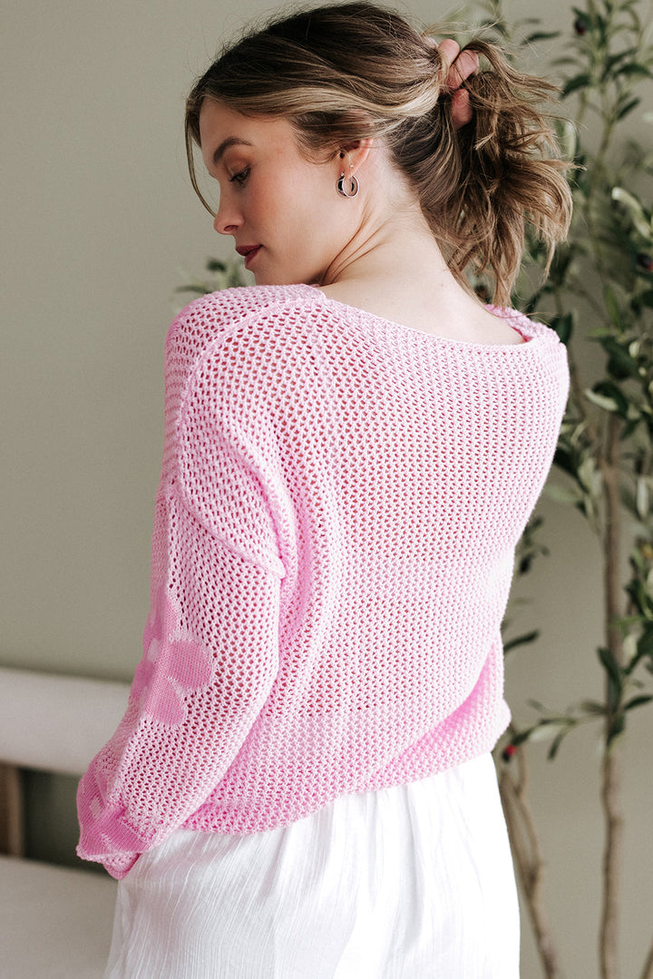 Big Flower Hollowed Knit Drop Shoulder Sweater