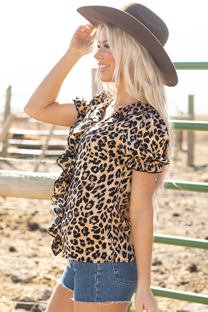 Leopard Ruffled Neck Cascading Puff Short Sleeve Top
