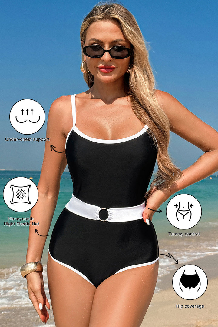 contrast trim two tone belted one piece swimsuit
