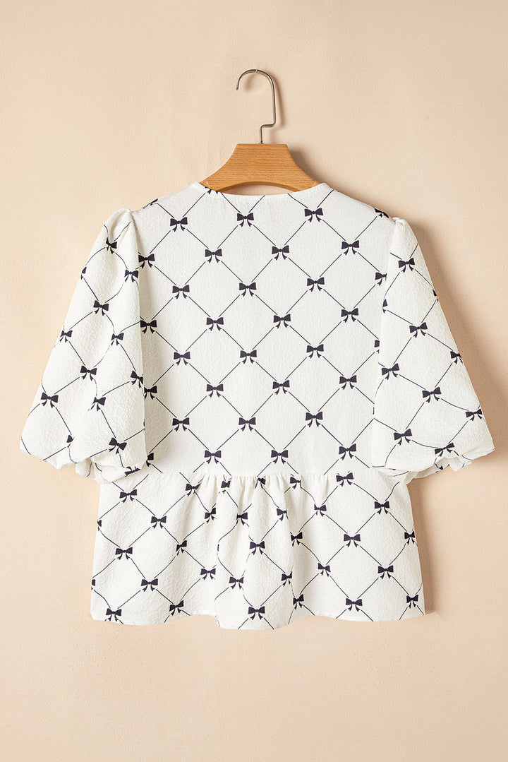 Bowknot Print Front Knots Bubble Sleeve Blouse