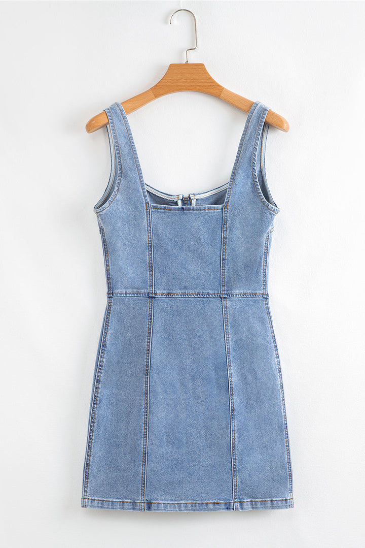 seamed zipper square neck sleeveless denim mini dress